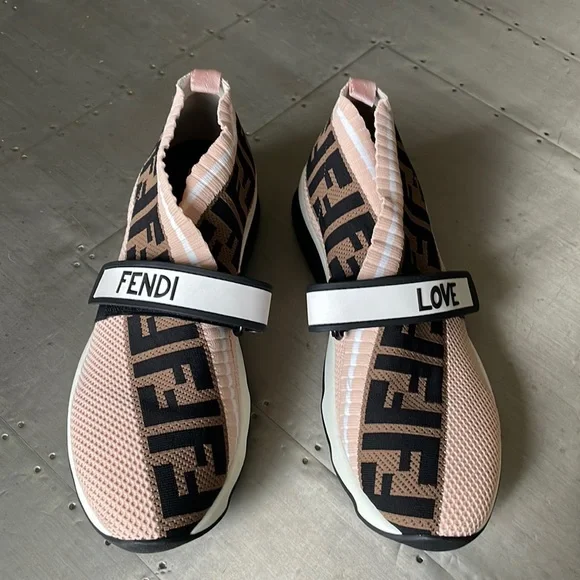 Fendi authentic knit sock pink brown logo sneaker trainer flats sz 38.5 - Picture 1 of 12